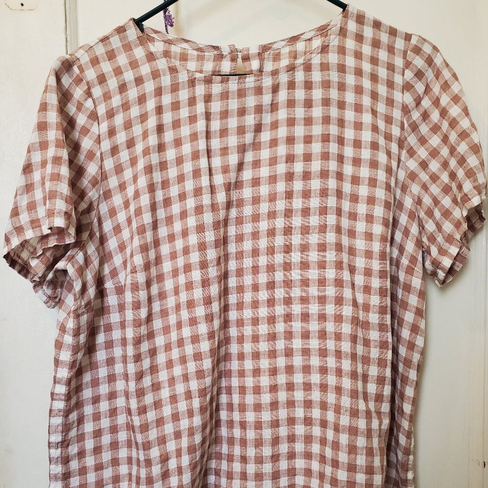 Brown Gingham Bay 2 top with short sleeves added